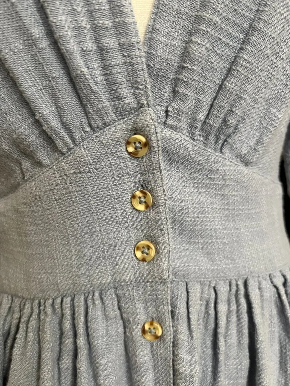 Free People Blue Button Down Midi Dress Women's Size S Puff Sleeve Cotton